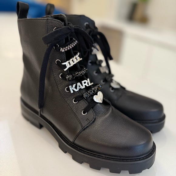 $219 KARL LAGERFELD PARIS 100% Leather Mela‎ Combat Boot, Black, Size 11, NO BOX - Picture 1 of 8